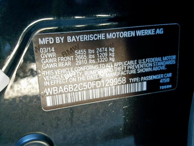 WBA6B2C50FD129958 - 2015 BMW 650 I BLACK photo 10