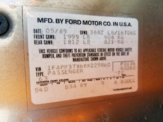 1FAPP37X6KK225860 - 1989 FORD TEMPO LX TAN photo 10