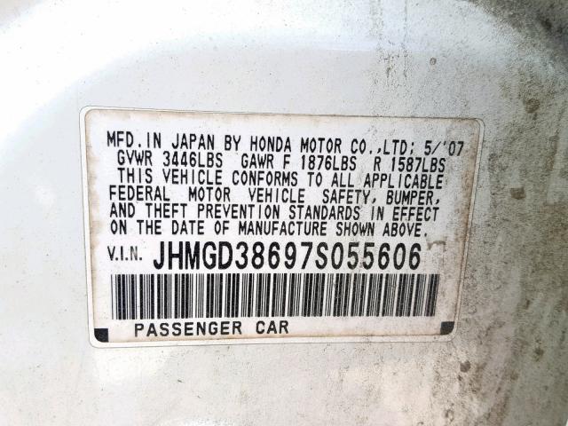 JHMGD38697S055606 - 2007 HONDA FIT S 白色 照片 10