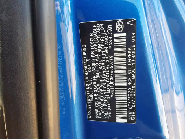 VNKJTUD35FA050779 - 2015 TOYOTA YARIS BLUE photo 10