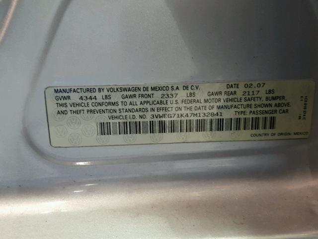 3VWEG71K47M132841 - 2007 VOLKSWAGEN JETTA WOLF SILVER photo 10