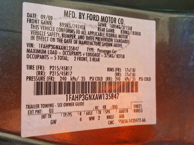 1FAHP3GNXAW135847 - 2010 FORD FOCUS SES GRAY photo 10