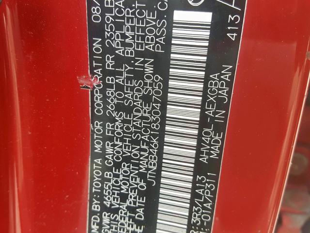 JTNBB46K183047059 - 2008 TOYOTA CAMRY HYBR RED photo 10