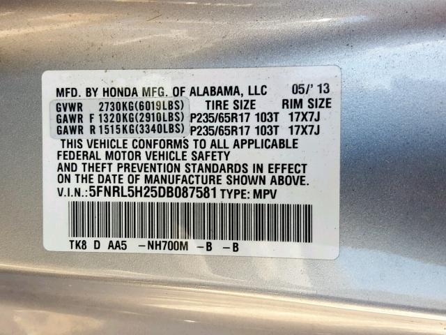 5FNRL5H25DB087581 - 2013 HONDA ODYSSEY LX SILVER photo 10