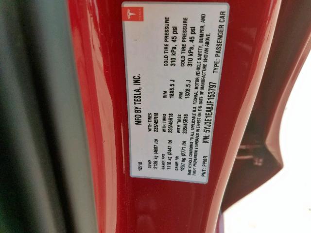 5YJ3E1EA8JF153797 - 2018 TESLA MODEL 3 RED photo 10