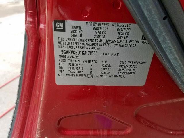 5GAKVCED1CJ170536 - 2012 BUICK ENCLAVE RED photo 10