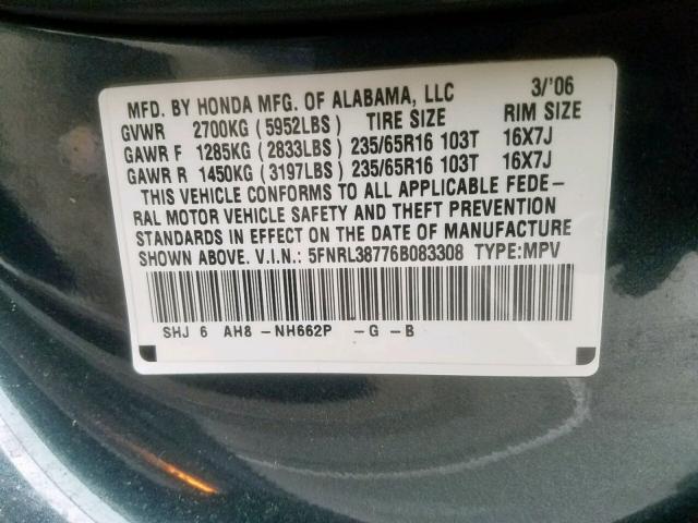 5FNRL38776B083308 - 2006 HONDA ODYSSEY EX GREEN photo 10