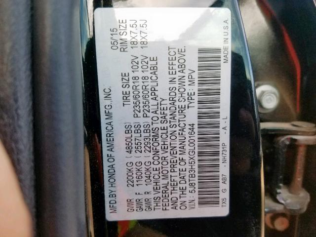 5J8TB3H5XGL001644 - 2016 ACURA RDX TECHNO BLACK photo 10