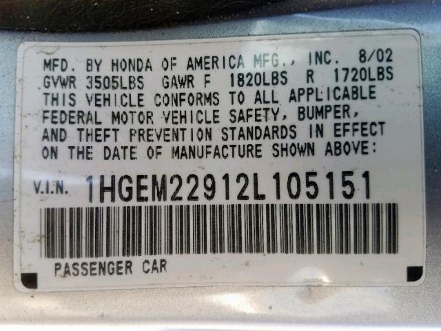 1HGEM22912L105151 - 2002 HONDA CIVIC EX SILVER photo 10