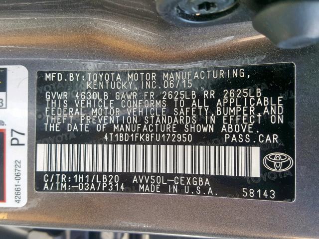 4T1BD1FK8FU172950 - 2015 TOYOTA CAMRY HYBR GRAY photo 10