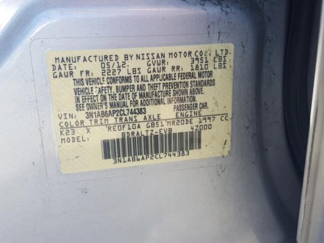 3N1AB6AP2CL744383 - 2012 NISSAN SENTRA 2.0 SILVER photo 10