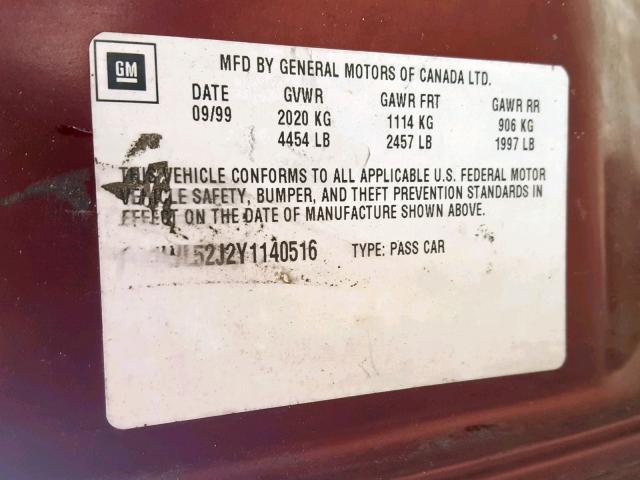 2G1WL52J2Y1140516 - 2000 CHEVROLET LUMINA BURGUNDY photo 10