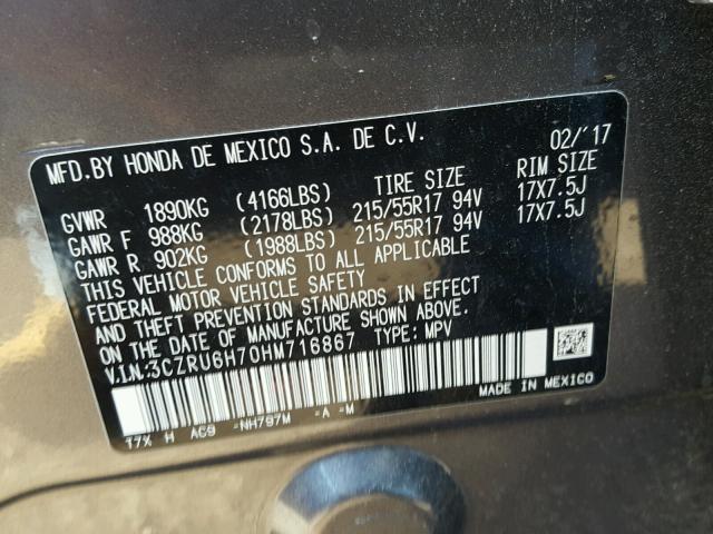 3CZRU6H70HM716867 - 2017 HONDA HR-V EXL CHARCOAL photo 10