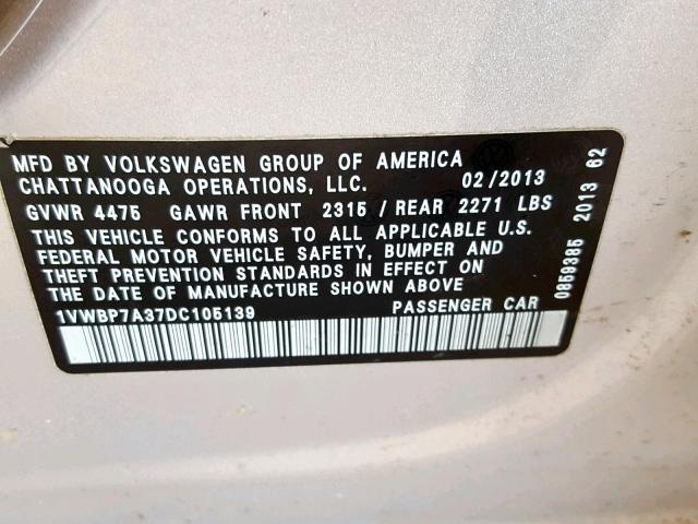 1VWBP7A37DC105139 - 2013 VOLKSWAGEN PASSAT SE GRAY photo 10