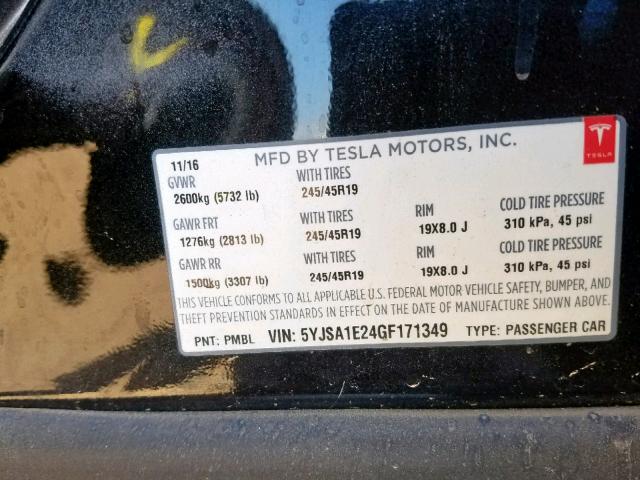 5YJSA1E24GF171349 - 2016 TESLA MODEL S BLACK photo 10