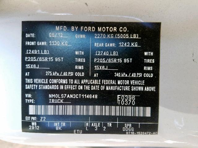 NM0LS7AN3CT114648 - 2012 FORD TRANSIT CO WHITE photo 10