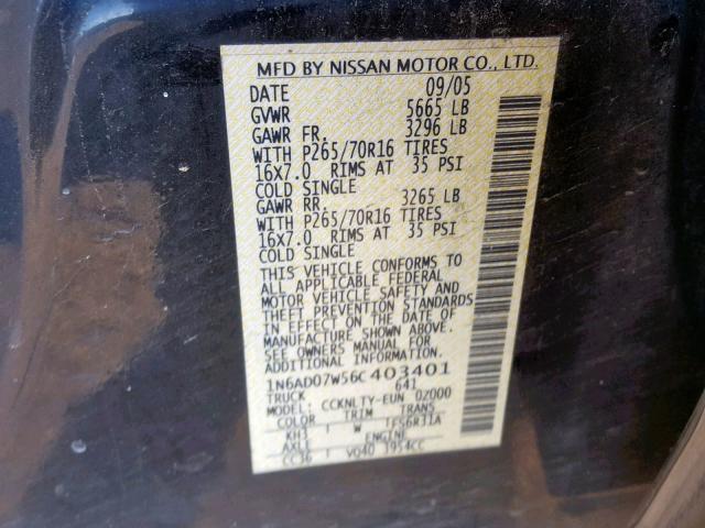 1N6AD07W56C403401 - 2006 NISSAN FRONTIER C BLACK photo 10