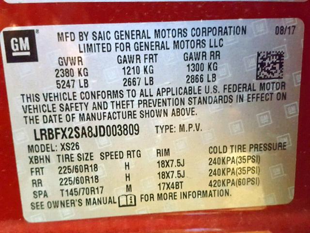 LRBFX2SA8JD003809 - 2018 BUICK ENVISION E RED photo 10