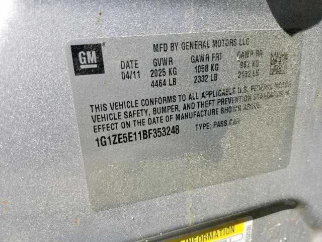 1G1ZE5E11BF353248 - 2011 CHEVROLET MALIBU LTZ ვერცხლისფერი ფოტო 10