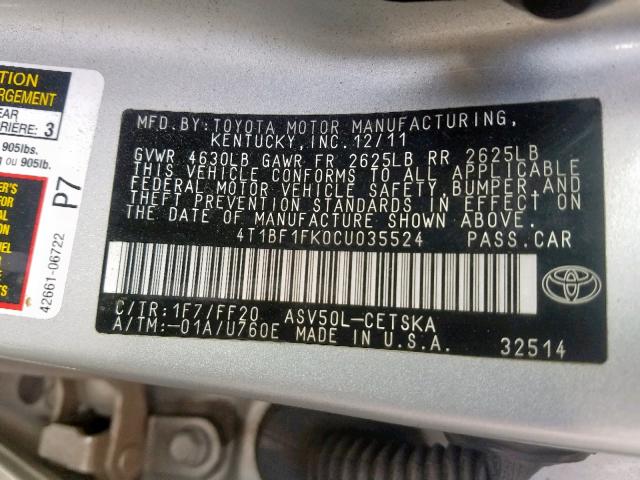 4T1BF1FK0CU035524 - 2012 TOYOTA CAMRY BASE SILVER photo 10