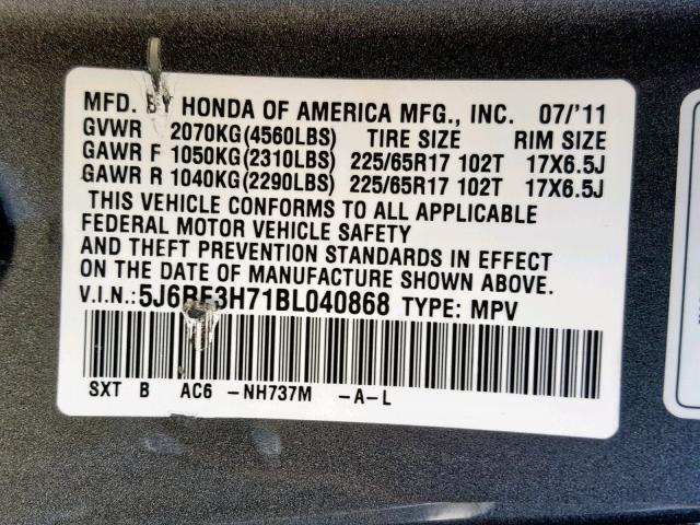 5J6RE3H71BL040868 - 2011 HONDA CR-V EXL GRAY photo 10