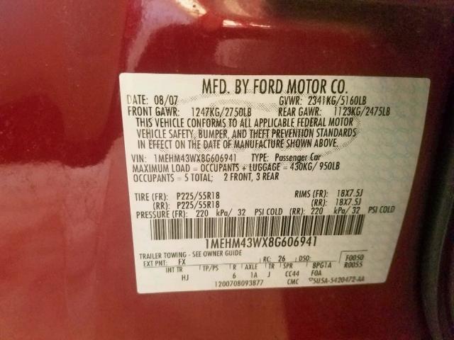 1MEHM43WX8G606941 - 2008 MERCURY SABLE PREM RED photo 10