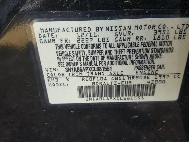 3N1AB6APXCL681551 - 2012 NISSAN SENTRA 2.0 BLACK photo 10