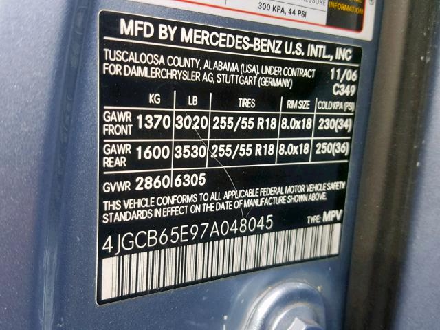 4JGCB65E97A048045 - 2007 MERCEDES-BENZ R 350 BLUE photo 10