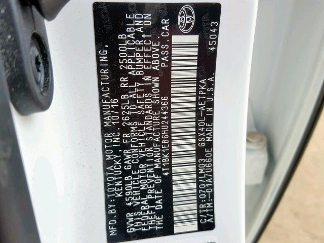 4T1BK1EB6HU244366 - 2017 TOYOTA AVALON XLE WHITE photo 10