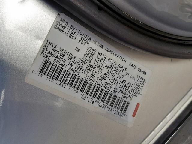 JT6HF10U1X0011357 - 1999 LEXUS RX 300 SILVER photo 10