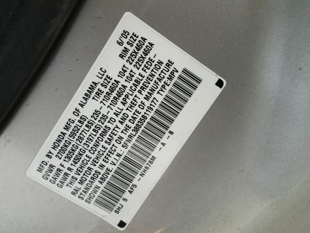 5FNRL38835B119177 - 2005 HONDA ODYSSEY TO SILVER photo 10