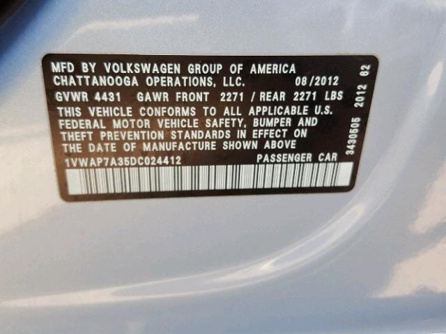 1VWAP7A35DC024412 - 2013 VOLKSWAGEN PASSAT S BLUE photo 10