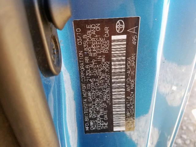 JTKDE3B72A0317092 - 2010 TOYOTA SCION TC ლურჯი ფოტო 10