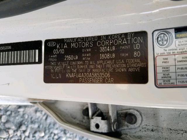 KNAFU4A20A5853506 - 2010 KIA FORTE EX WHITE photo 10