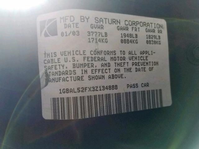 1G8AL52FX3Z134888 - 2003 SATURN ION LEVEL BLUE photo 10