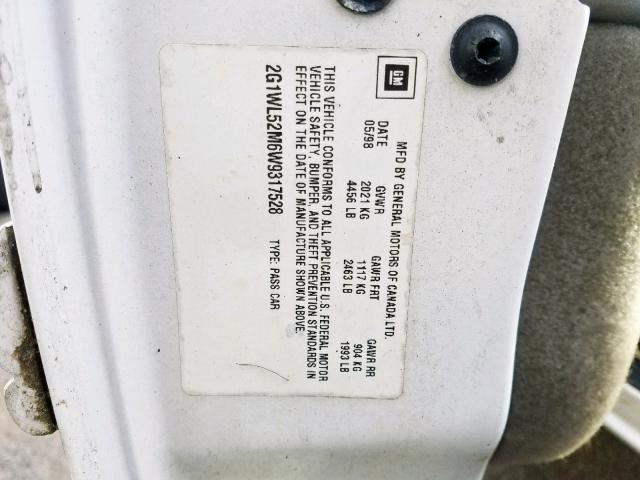 2G1WL52M6W9317528 - 1998 CHEVROLET LUMINA BAS WHITE photo 10