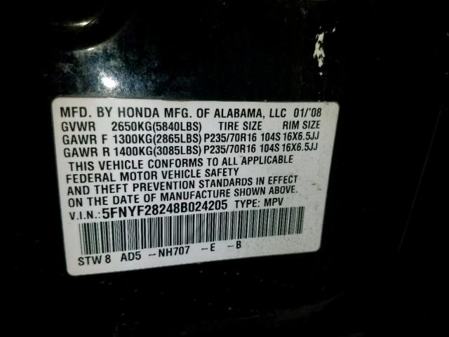 5FNYF28248B024205 - 2008 HONDA PILOT VP BLACK photo 10