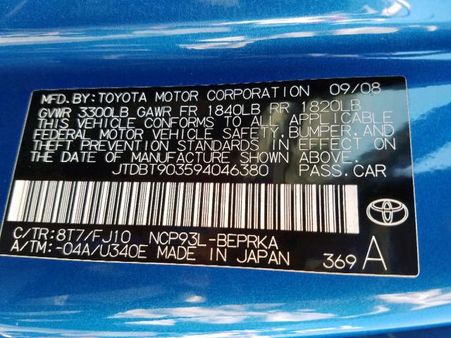 JTDBT903594046380 - 2009 TOYOTA YARIS BLUE photo 10