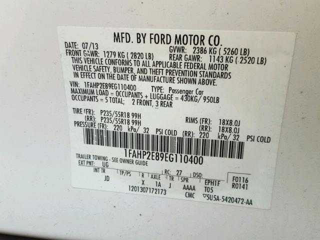 1FAHP2E89EG110400 - 2014 FORD TAURUS SEL WHITE photo 10