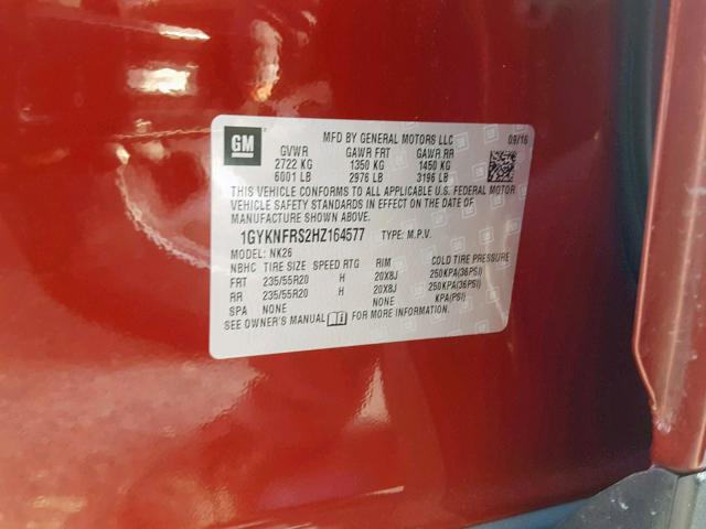 1GYKNFRS2HZ164577 - 2017 CADILLAC XT5 PLATIN RED photo 10