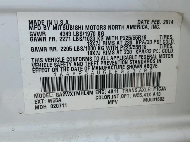 4A4AP3AU6EE023708 - 2014 MITSUBISHI OUTLANDER WHITE photo 10