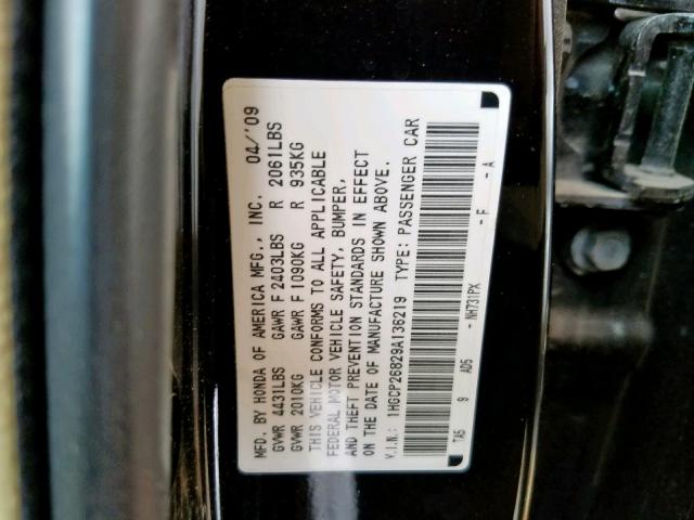 1HGCP26829A136219 - 2009 HONDA ACCORD EXL BLACK photo 10