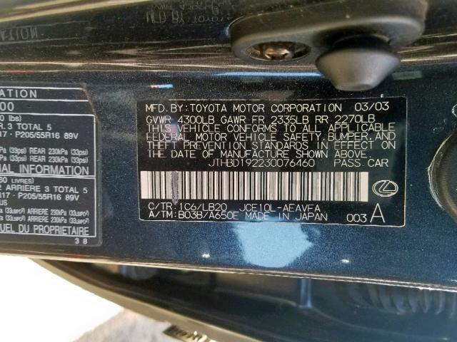 JTHBD192230076460 - 2003 LEXUS IS 300 BLACK photo 10