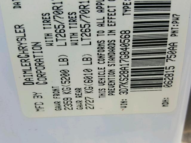 3D7KS28A17G840568 - 2007 DODGE RAM 2500 S თეთრი ფოტო 10