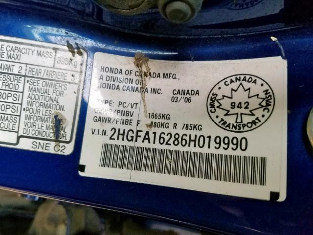 2HGFA16286H019990 - 2006 HONDA CIVIC DX BLUE photo 10