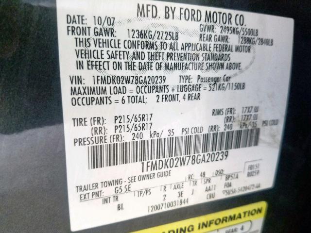 1FMDK02W78GA20239 - 2008 FORD TAURUS X S GRAY photo 10