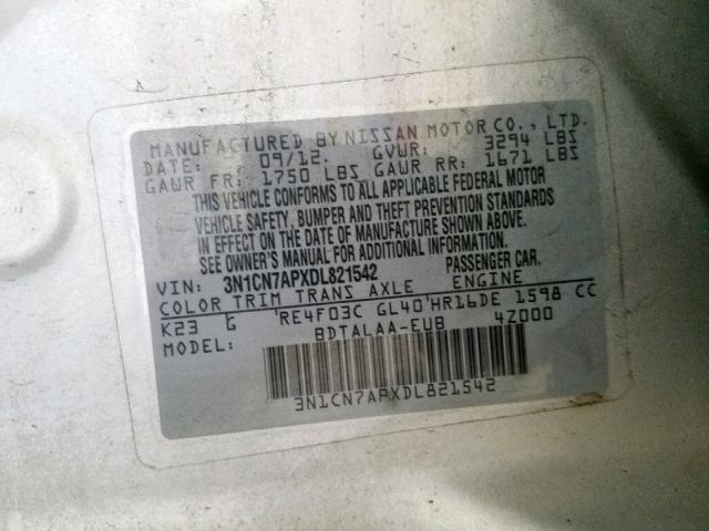 3N1CN7APXDL821542 - 2013 NISSAN VERSA S SILVER photo 10