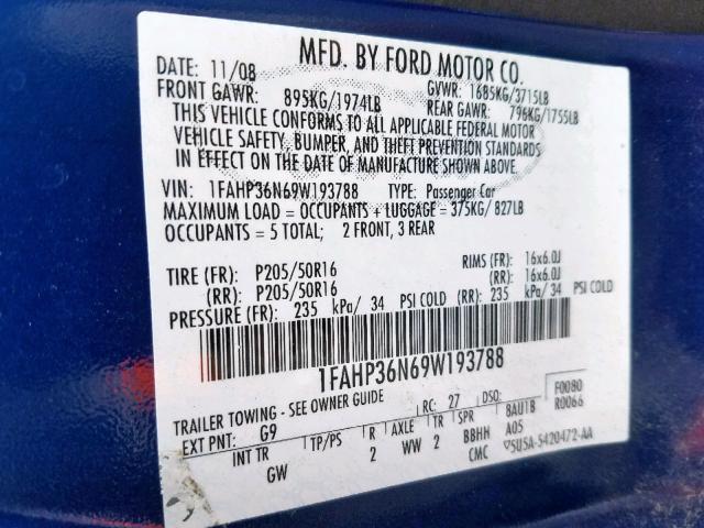 1FAHP36N69W193788 - 2009 FORD FOCUS SES BLUE photo 10