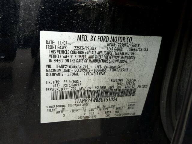 1FAHP24W88G151024 - 2008 FORD TAURUS SEL BLACK photo 10