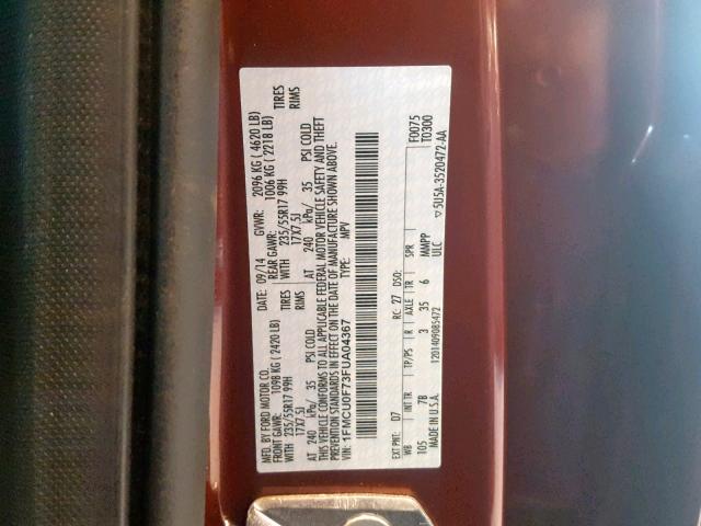 1FMCU0F73FUA04367 - 2015 FORD ESCAPE S RED photo 10